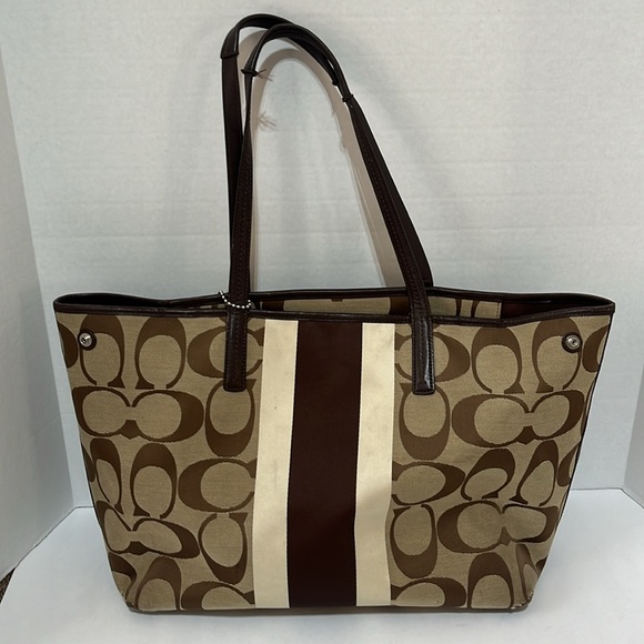 Coach Signature Striped Brown Tote Bag Large - Picture 2 of 8